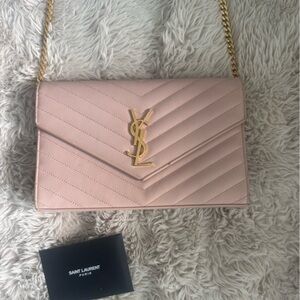 Saint Laurent Blush Chevron Quilted Leather Crossbody with Gold Logo